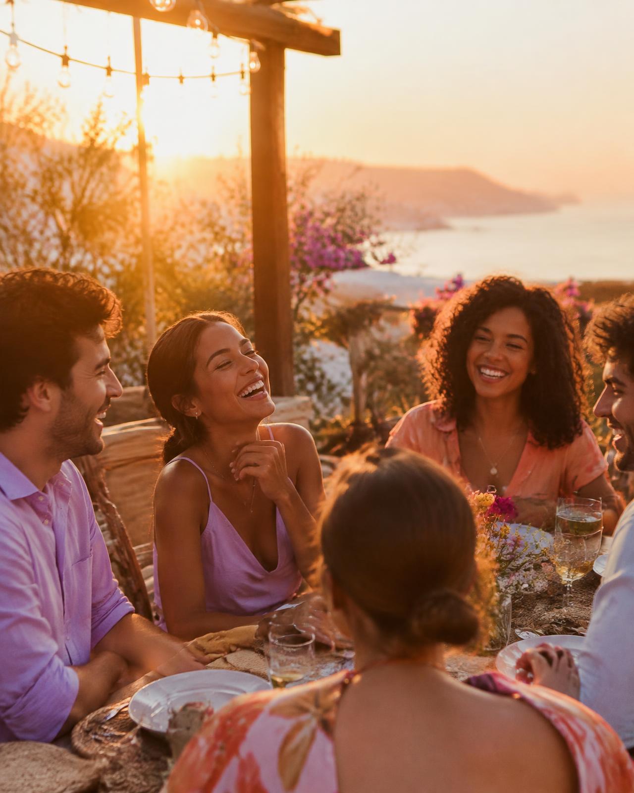 Des amis réunis autour d'un dîner au coucher du soleil